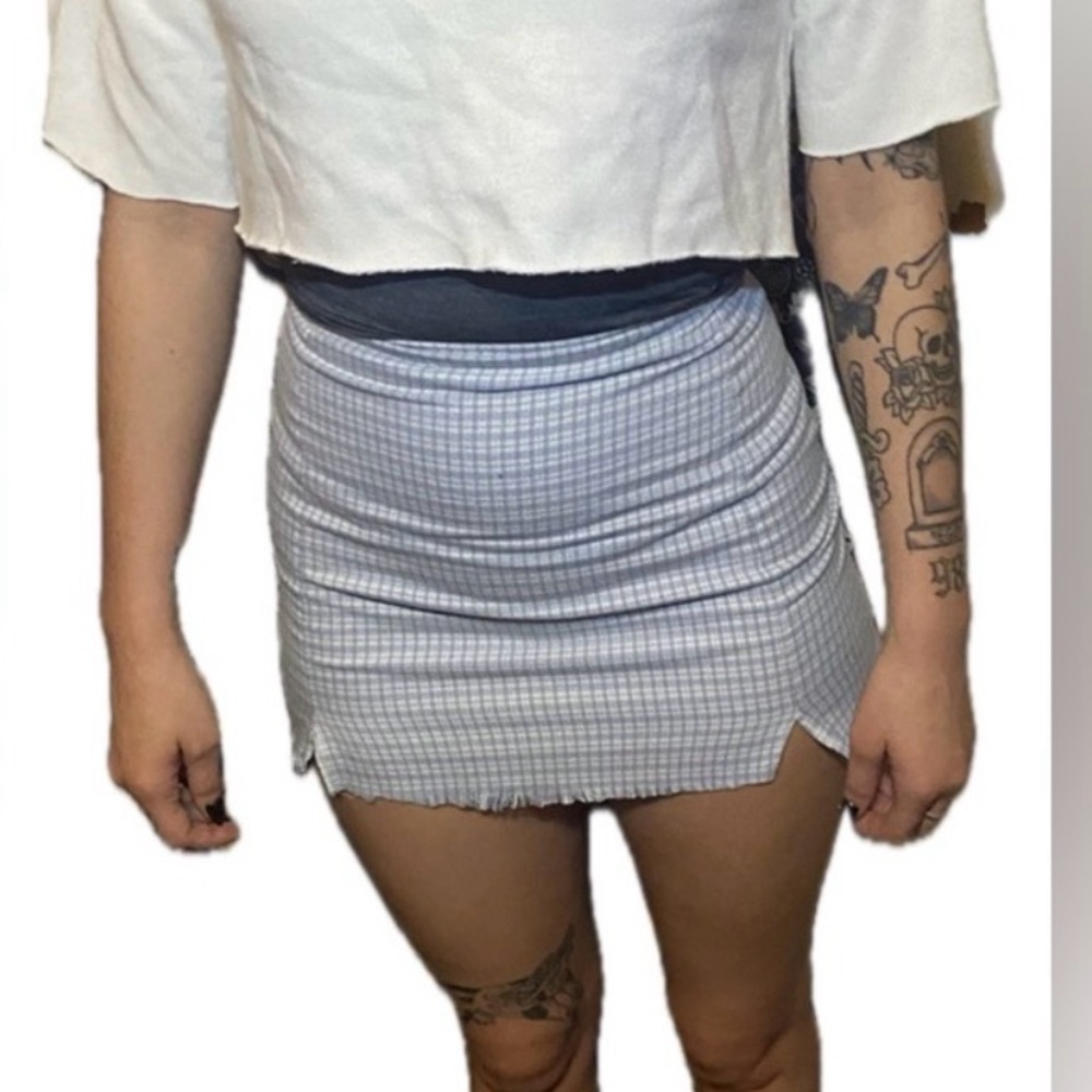 Brandy Melville blue and white plaid mini skirt cute raw hem OneSize